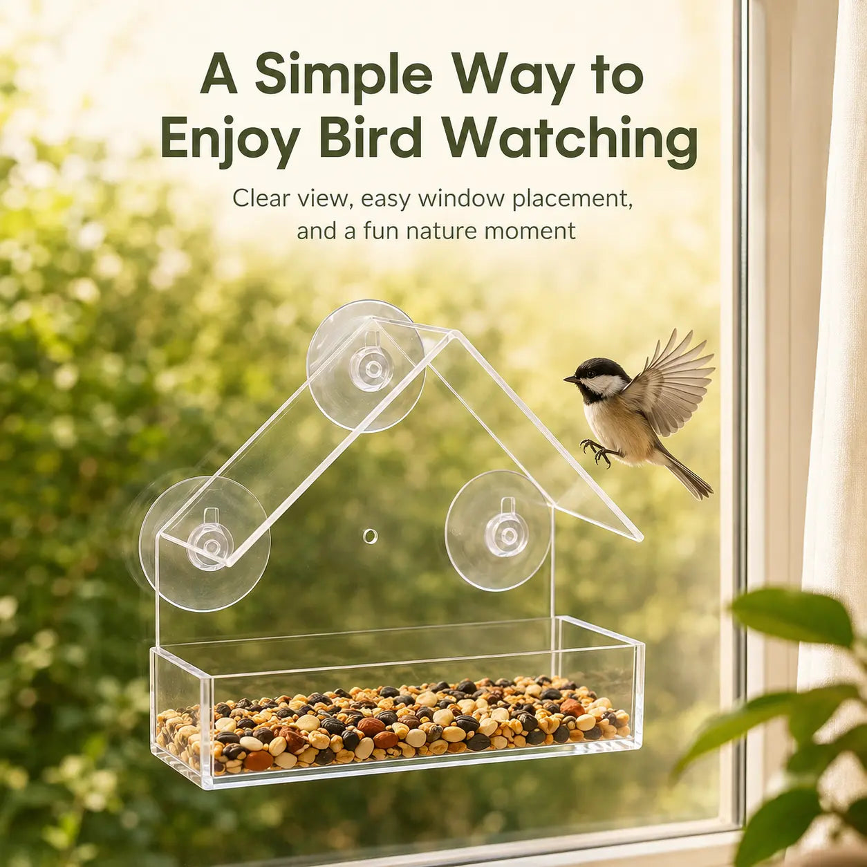 Transparent Window Bird Feeder with Suction Cups - House-Shaped Feeding Tray for Bird Watching