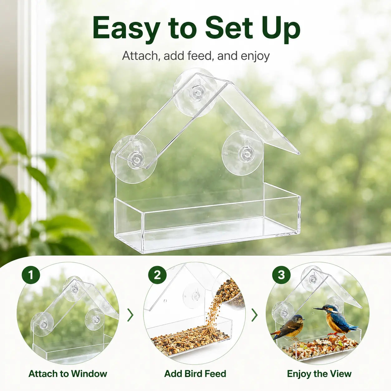 Transparent Window Bird Feeder with Suction Cups - House-Shaped Feeding Tray for Bird Watching
