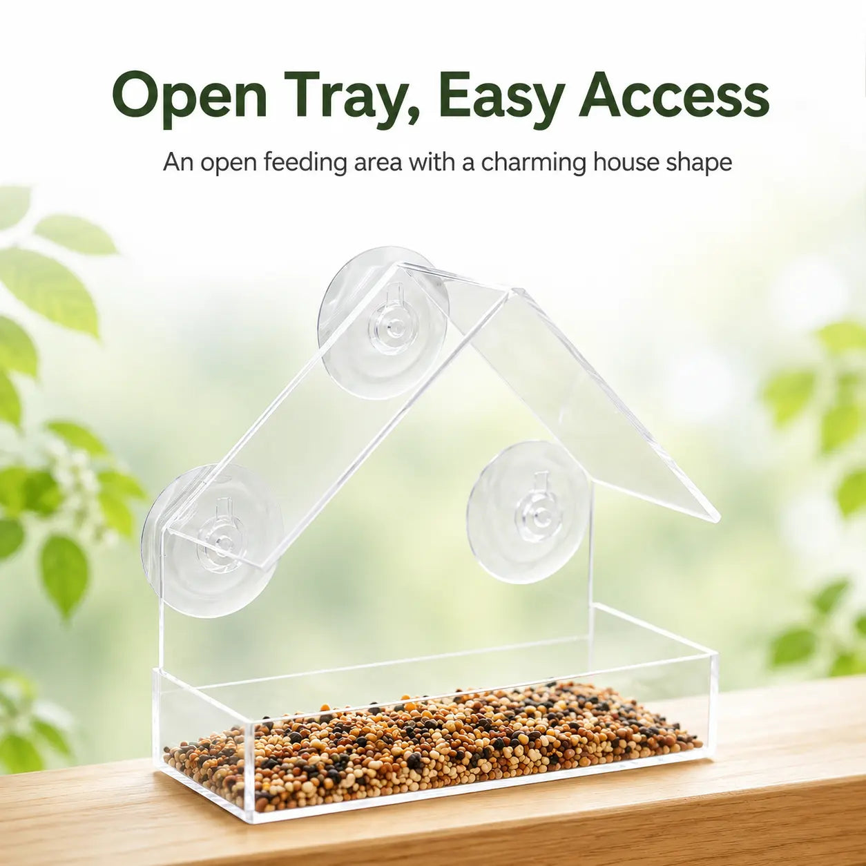 Transparent Window Bird Feeder with Suction Cups - House-Shaped Feeding Tray for Bird Watching