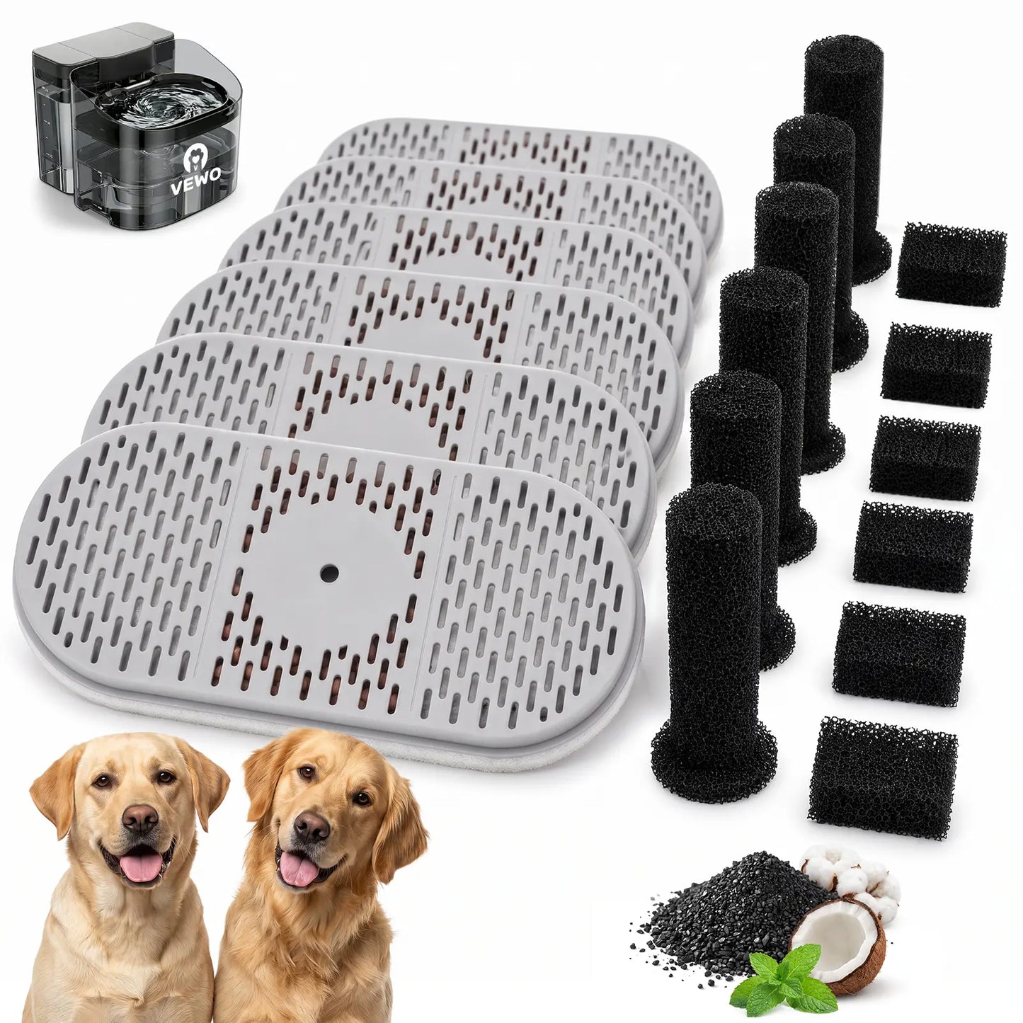 VEWO 11L Dog Water Fountain Replacement Filters - 6-Pack Activated Carbon Filters with Filter and Pump Sponges, Compatible with VEWO Large Dog Water Fountain