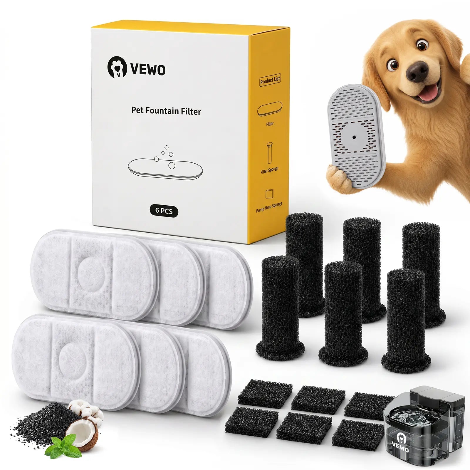 VEWO 11L Dog Water Fountain Replacement Filters - 6-Pack Activated Carbon Filters with Filter and Pump Sponges, Compatible with VEWO Large Dog Water Fountain