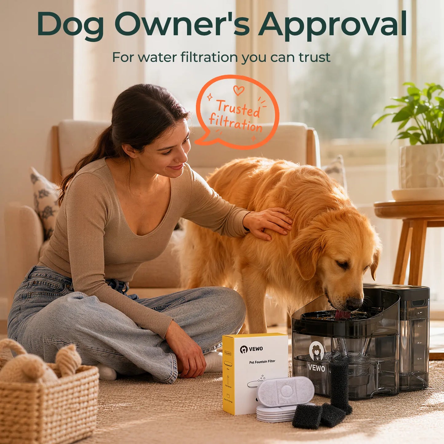 VEWO 11L Dog Water Fountain Replacement Filters - 6-Pack Activated Carbon Filters with Filter and Pump Sponges, Compatible with VEWO Large Dog Water Fountain