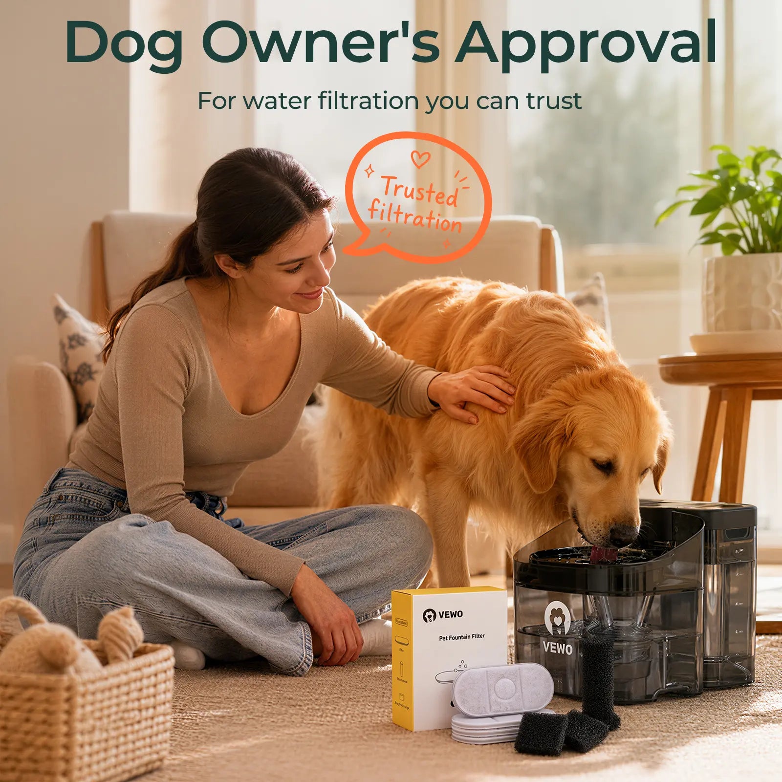 VEWO 11L Dog Water Fountain Replacement Filters - 6-Pack Activated Carbon Filters with Filter and Pump Sponges, Compatible with VEWO Large Dog Water Fountain