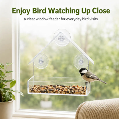 Transparent Window Bird Feeder with Suction Cups - House-Shaped Feeding Tray for Bird Watching