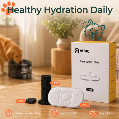 VEWO 11L Dog Water Fountain Replacement Filters - 6-Pack Activated Carbon Filters with Filter and Pump Sponges, Compatible with VEWO Large Dog Water Fountain