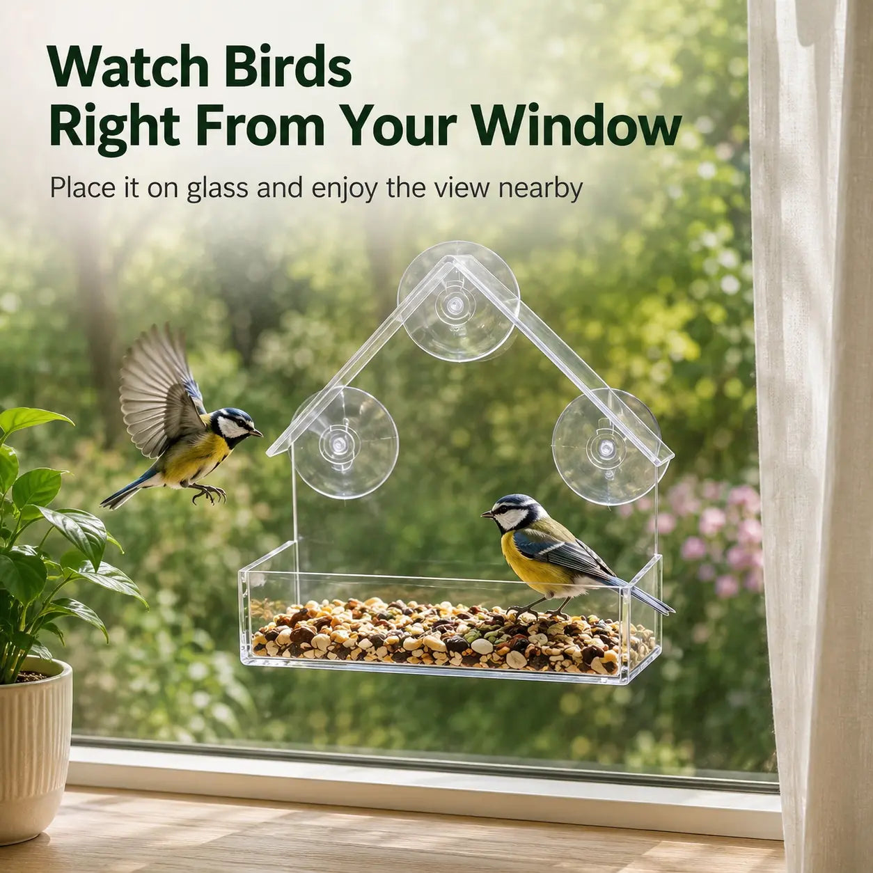 Transparent Window Bird Feeder with Suction Cups - House-Shaped Feeding Tray for Bird Watching