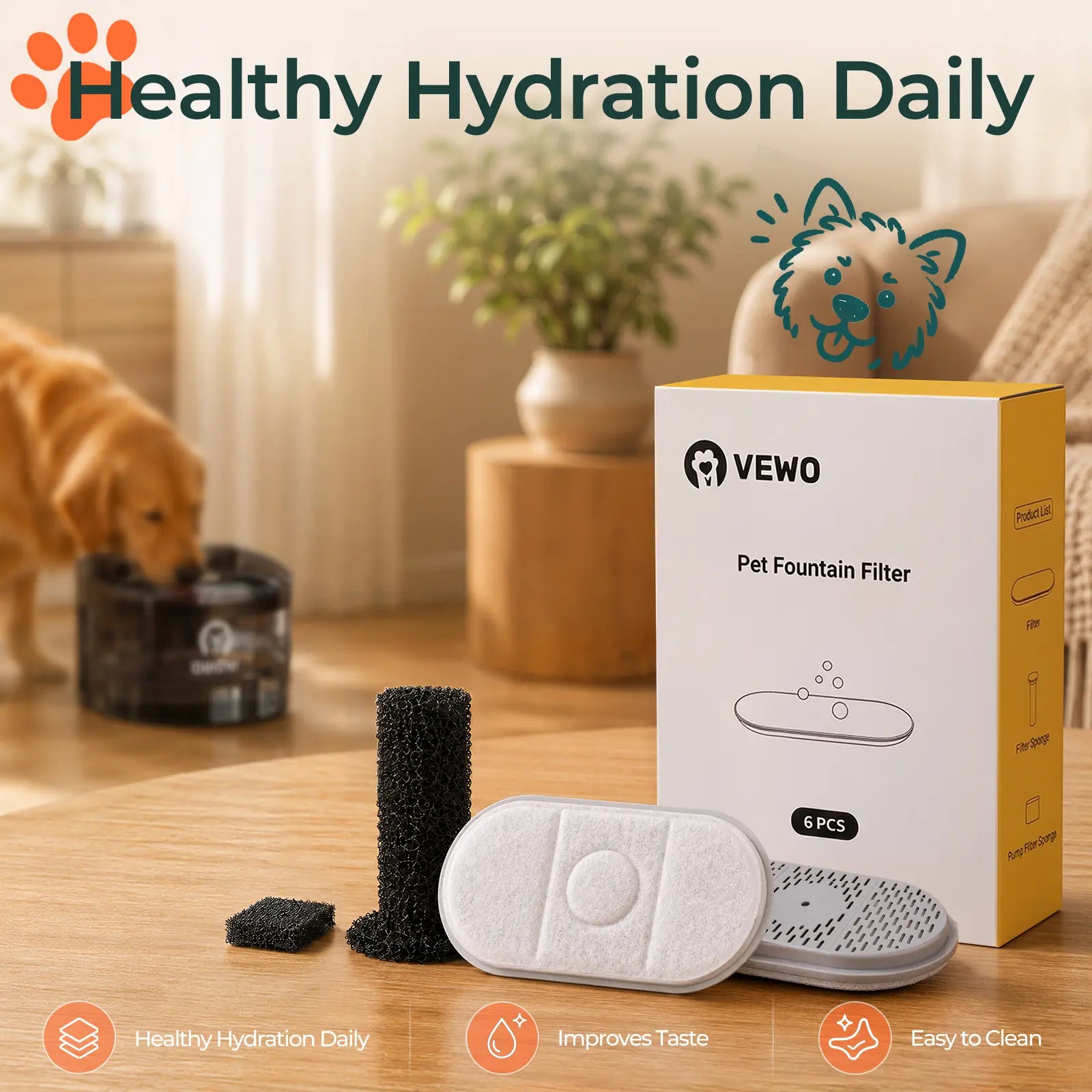 VEWO 11L Dog Water Fountain Replacement Filters - 6-Pack Activated Carbon Filters with Filter and Pump Sponges, Compatible with VEWO Large Dog Water Fountain