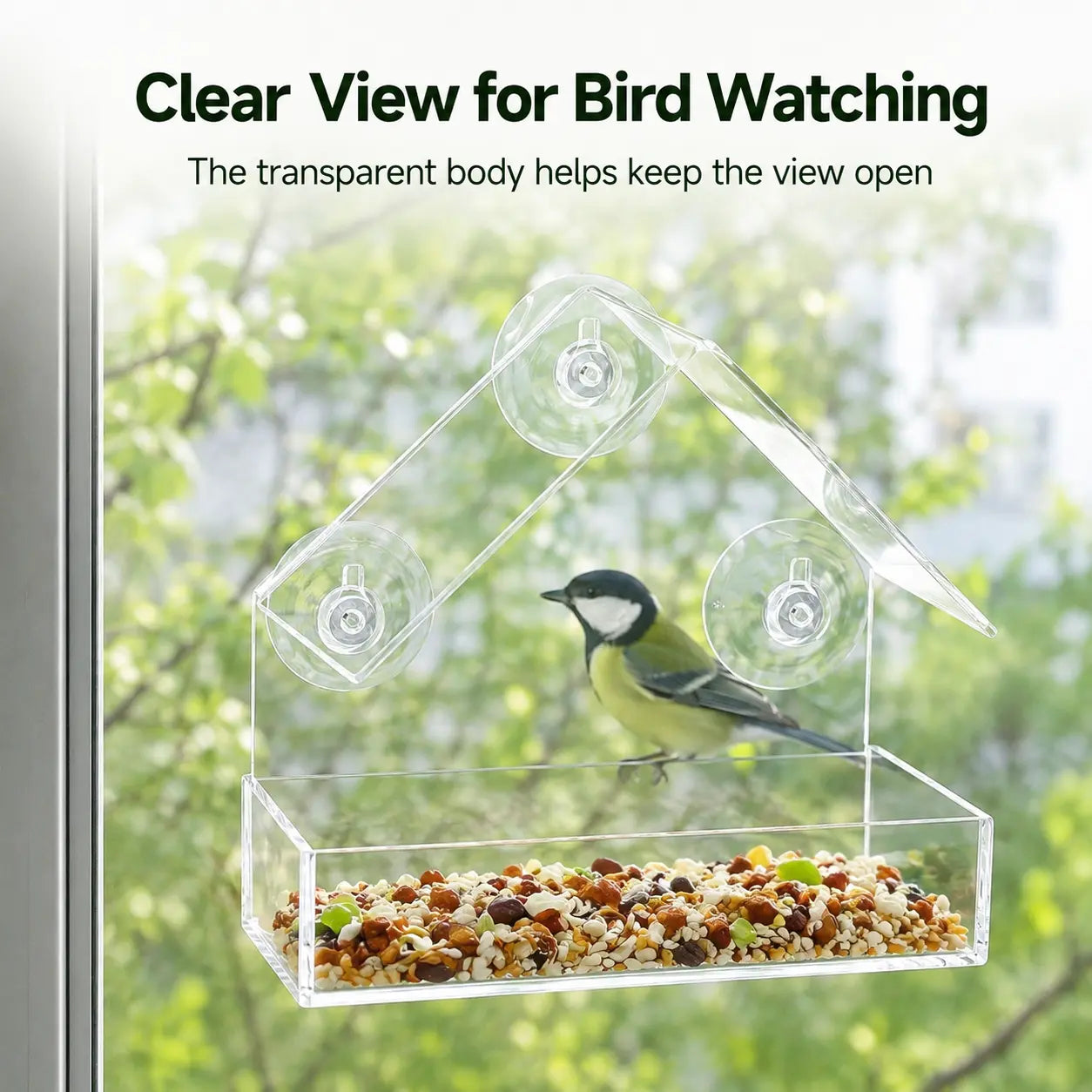 Transparent Window Bird Feeder with Suction Cups - House-Shaped Feeding Tray for Bird Watching