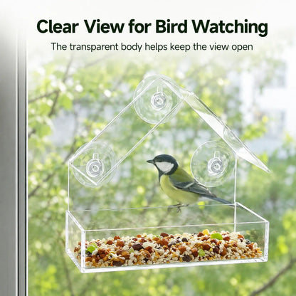 Transparent Window Bird Feeder with Suction Cups - House-Shaped Feeding Tray for Bird Watching